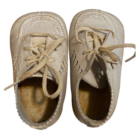 Vintage 1950s White Blucher Baby Shoes by JC Penny Co Leather Size 0 W/ Box - Picture 6 of 13